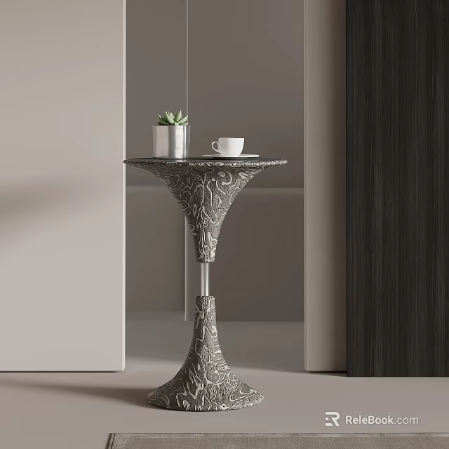 Modern Side Table Featuring Intricate Patterned Base With Small Potted Plant And Coffee Cup 3d model