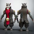 3D Fantasy Wolfman Character And Creature Design With Red Scarf Skull Decoration And Tail
