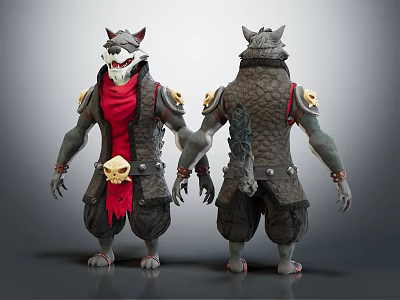 3D Fantasy Wolfman Character And Creature Design With Red Scarf Skull Decoration And Tail 3d model
