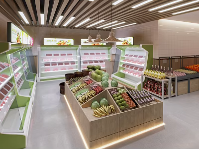 Supermarket Fresh Produce Section With Assorted Fruits Vegetables And Refrigerated Displays 3d model
