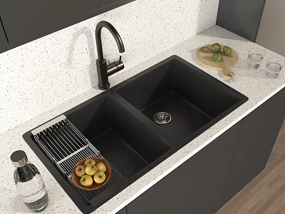 Black Double Bowl Kitchen Sink With Drying Rack On White Speckled Countertop 3d model