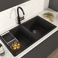 Black Double Bowl Kitchen Sink With Drying Rack On White Speckled Countertop 3d model