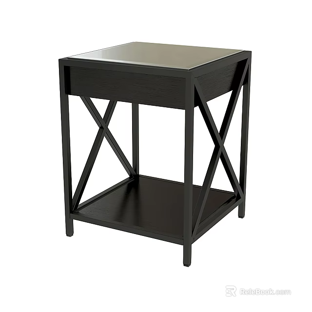 Black Side Table With Square Top X Shaped Legs And Lower Shelf 3d model 