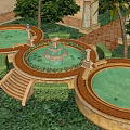Elegant Entrance Gate In Courtyard With Circular Ponds Fountains Stone Columns And Lush Greenery