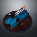 Realistic Muddy Terrain Model With Blue Vehicle Small Figure And Rocks