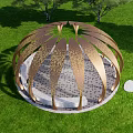 Pergola Featuring Golden Leaf Shaped Structure Illuminated Under Evening Sky With Trees And Circular Platform