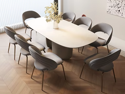 Oval Beige Dining Table Set With Gray Metal Leg Chairs And Wooden Floor 3d model