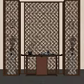 Modern Wooden Room Divider With Geometric Patterns Console Table And Warm Lighting 3d model