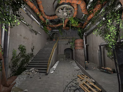 Abandoned Factory Interior With Exposed Pipes Staircase Vines And Ceiling Fan 3d model