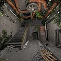 Abandoned Factory Interior With Exposed Pipes Staircase Vines And Ceiling Fan