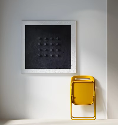 Abstract Painting With White Frame Dark Background And Circular Dots Near Yellow Chair On Wall 3d model