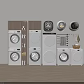 Modern Front Loading Washing Machines Stacked With Detergent Bottles And Towels