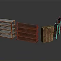Sturdy Multi tiered Display Shelves With Red Metal Frames And Brown Wooden Layers