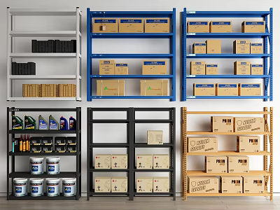 Multitiered Storage Display Shelves With Boxes Cans And Bottles In Various Colors 3d model