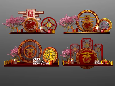 Traditional Chinese New Year Decorations With Red Fu Characters Circular Ornaments And Peach Blossoms 3d model