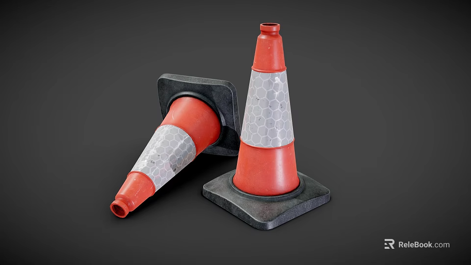 Road Facilities Featuring Orange Traffic Cones With Reflective Stripes And Black Bases 3d model 