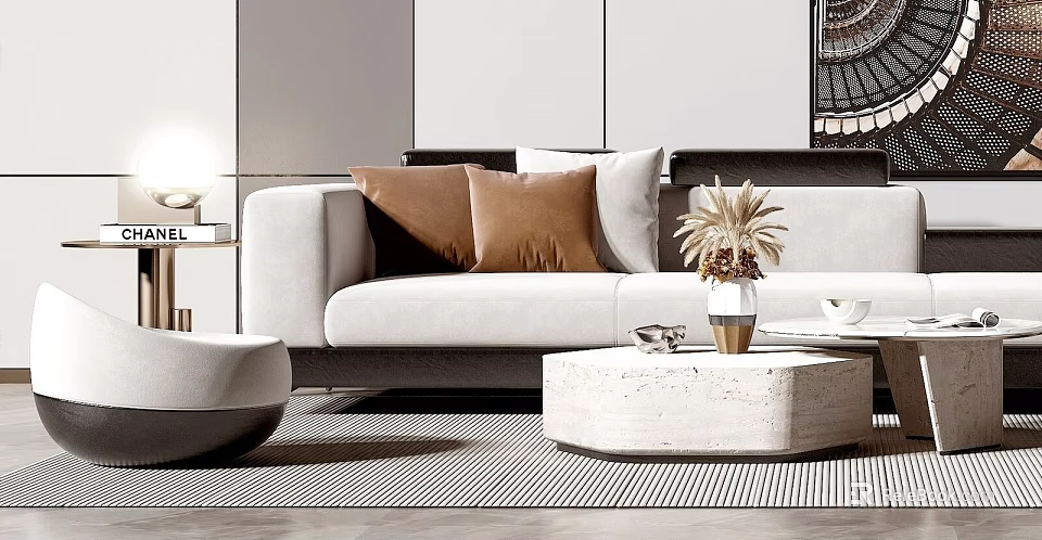 Modern Living Room With Beige Sofa Brown White Cushions Round Marble Coffee Table Dried Flowers 3d model 