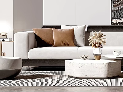 Modern Living Room With Beige Sofa Brown White Cushions Round Marble Coffee Table Dried Flowers 3d model