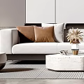 Modern Living Room With Beige Sofa Brown White Cushions Round Marble Coffee Table Dried Flowers