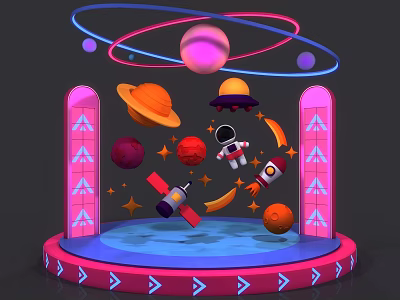 Vibrant Space Theme Display With Planets Astronaut Rocket Satellite And Decorative Pillars 3d model