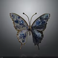 Decorative Butterfly Ornament With Blue And White Patterns And Gold Edges On Stand
