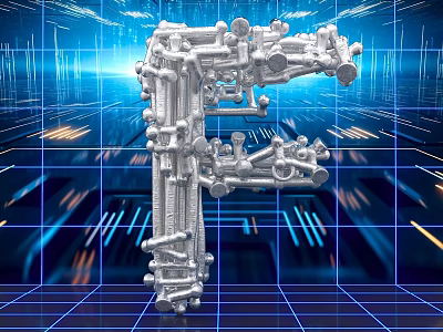 Mechanical Parts Formed Letter F Photo Check-in Spot With Tech Blue Grid And Lighting Effects 3d model