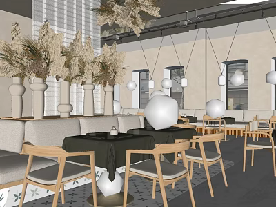 Elegant Restaurant Interior With Dried Plant Decor White Sphere Pendant Lights And Wooden Chairs 3d model