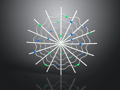 White Radial Decorative Structure With Extending Lines And Colorful Balls On Black Background 3d model