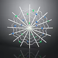 White Radial Decorative Structure With Extending Lines And Colorful Balls On Black Background