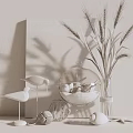 Ornamental Decor Set with White Bird Figurines Teal Painting Wheat Vase Shells on Green Wall