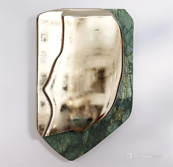 Modern Wall Decor With Irregular Mirror And Green Metallic Frame Design 3d model
