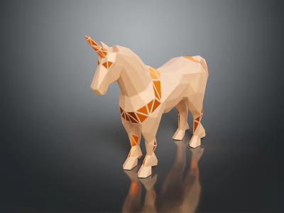 Low Poly Style Unicorn Model With Geometric Patterns Beige And Orange On Dark Reflective Background 3d model