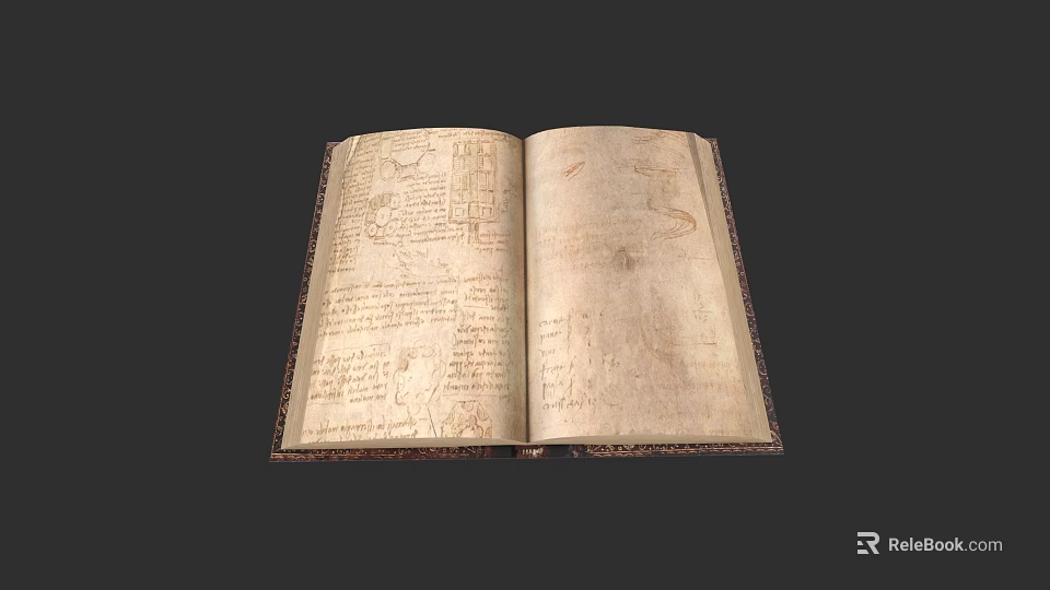 Ancient Open Book With Handwritten Script And Detailed Illustrations On Pages 3d model 
