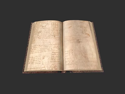 Ancient Open Book With Handwritten Script And Detailed Illustrations On Pages 3d model