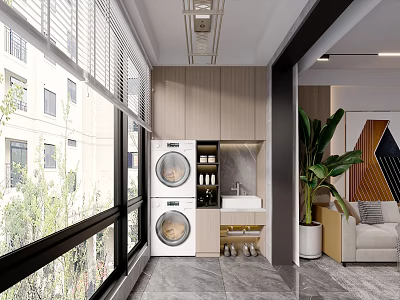 Modern Home Balcony With Washer Dryer Cabinet And Green Plant View 3d model
