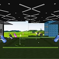 Indoor Golf Practice Range For Fitness Training With Green Turf Golf Bags And Mural