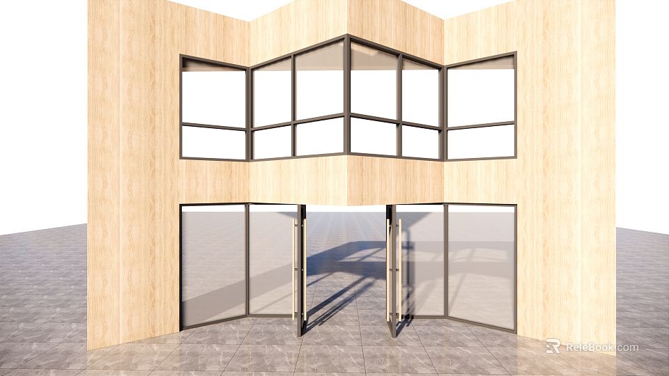Modern Glass Double Doors With Wooden Walls And Tiled Floor Interior Design 3d model 