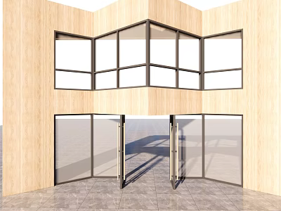 Modern Glass Double Doors With Wooden Walls And Tiled Floor Interior Design 3d model