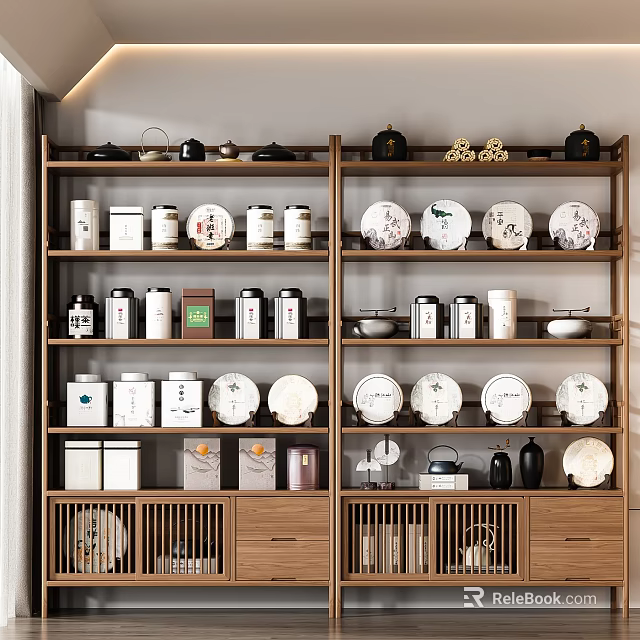 Traditional Wooden Display Shelf With Tea Cans Decorative Plates And Teapots 3d model 
