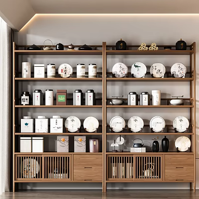 Traditional Wooden Display Shelf With Tea Cans Decorative Plates And Teapots 3d model