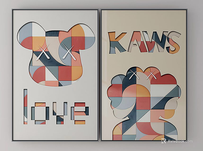 Geometric Bear Head Artworks With Crossed Eyes LOVE Text And KAWS Lettering 3d model 