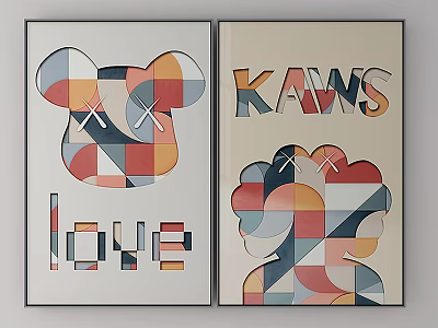 Geometric Bear Head Artworks With Crossed Eyes LOVE Text And KAWS Lettering 3d model