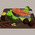 Grilled Salmon Steak With Fresh Lettuce Cherry Tomatoes And Herb Sauces On Wooden Cutting Board
