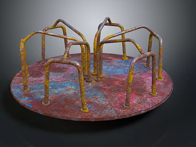 Rusty Old Circular Playground Equipment With Curved Metal Bars And Colorful Surface 3d model