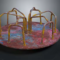 Rusty Old Circular Playground Equipment With Curved Metal Bars And Colorful Surface