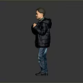 Man In Dark Blue Puffer Jacket And Blue Jeans With Fists Clenched On Gray Background