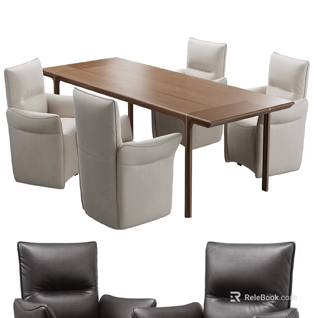 Modern Sleek Brown Wooden Dining Table And Upholstered Light Gray Chair Set With Four Chairs 3d model 