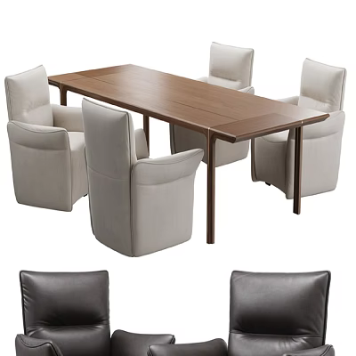 Modern Sleek Brown Wooden Dining Table And Upholstered Light Gray Chair Set With Four Chairs 3d model