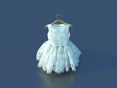 White Lace Sleeveless Dress Hanging On Wooden Hanger With Blue Background 3d model