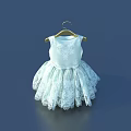 White Lace Sleeveless Dress Hanging On Wooden Hanger With Blue Background